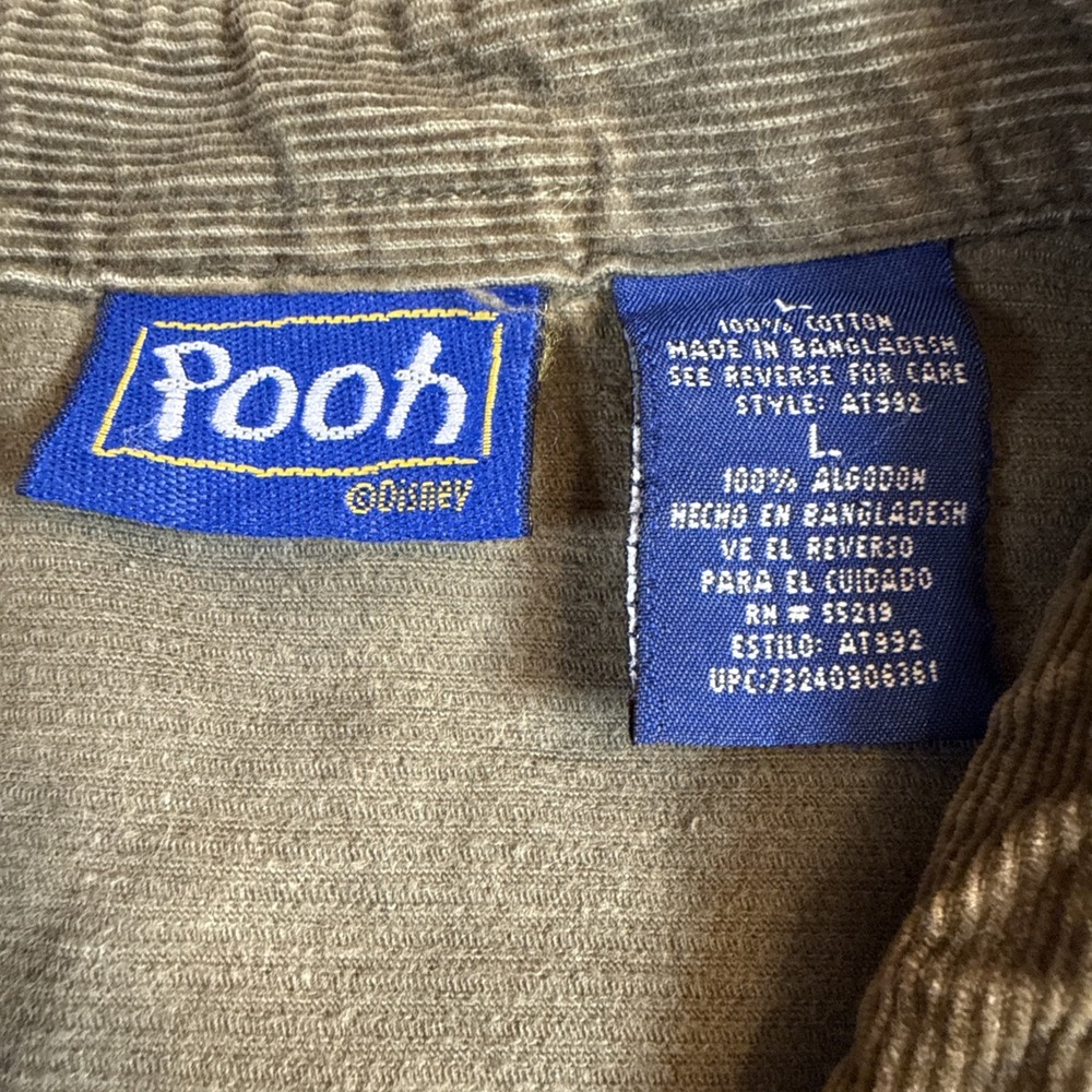 Vintage Disney Pooh Corduroy Shirt Medium Olive Green Embroidered Winnie Pooh - Picture 5 of 9